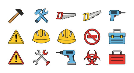 Collection of vector icons representing workshop tools and safety equipment on a white background