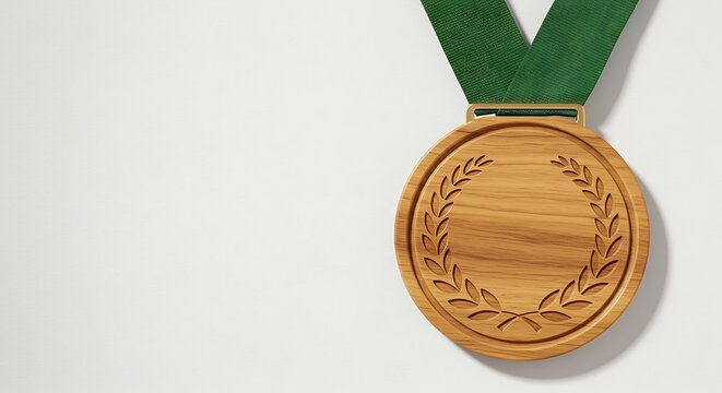 A detailed close-up shot of a wooden medal, awarded for achievement, suspended from a green ribbon on a plain white background