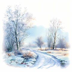 Winter wonderland: a snowy road winds through a frosty landscape