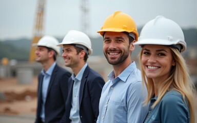 A group of smiling engineers and professionals wearing hard hats and helmets on a construction site. High quality