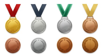 A collection of shiny gold, silver, and bronze medals with colorful ribbons, representing victory, achievement, and awards for champions and winners