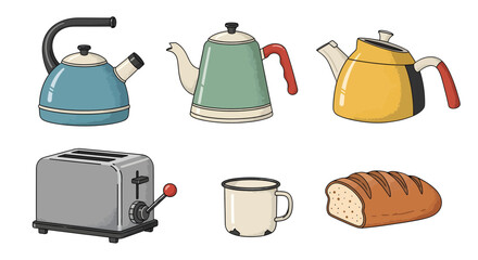 Collection of Kettles, Toaster, Mug, and Bread on a White Background, Flat Vector Illustration