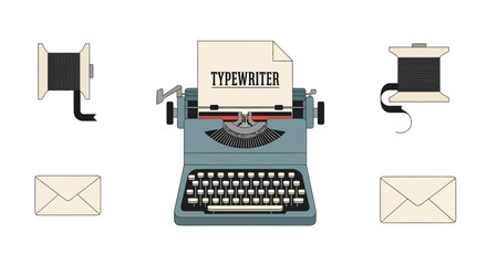 Vintage typewriter with spools and envelopes on white background