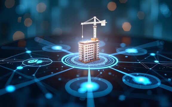 Blockchain for construction project management with secure digital contracts, highlighting transparency. High quality