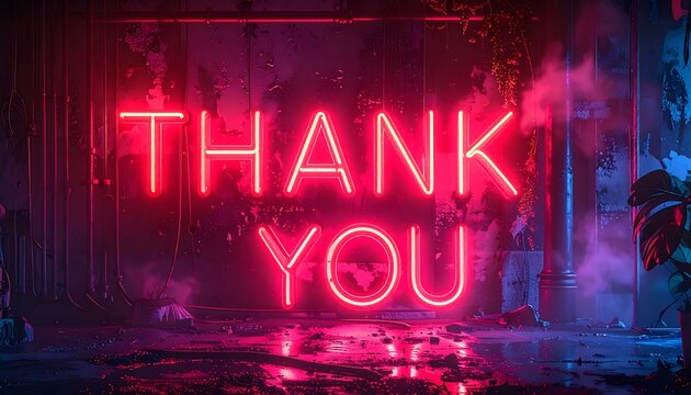 Neon "THANK YOU" sign on grungy wall, with floor reflection, bathed in pink and blue lighting, adding an urban ambiance - Powered by Adobe