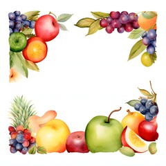 Watercolor painting of assorted fruits forming a border