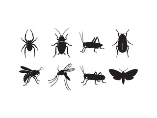 Illustration of a collection of insect silhouettes featuring a spider, beetle, wasp, and other creepy crawlies
