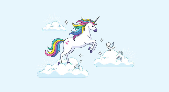 A majestic white unicorn with a vibrant rainbow mane and tail prances on fluffy clouds, accompanied by a small bird and sparkling gems.