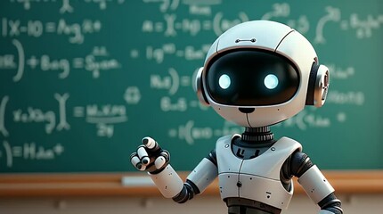 3D render of a small robot teacher pointing at a chalkboard with equations, symbolizing AI education and futuristic learning.
 - Powered by Adobe