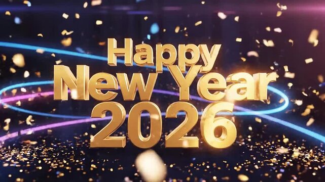 A dark background with gold text reading 'Happy New Year 2026' surrounded by colorful neon lines and gold confetti, conveying a joyful and celebratory mood. - Powered by Adobe