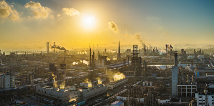Aerial view of oil refinery and chemical plant with pipeline equipment in a large industrial area