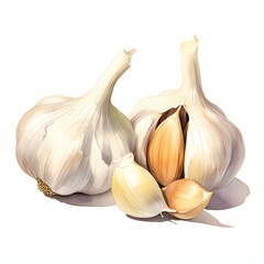 Obraz premium Two whole garlic bulbs and three cloves shown with watercolor painting style