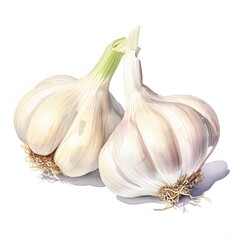 Obraz premium Two heads of garlic with green stems and visible roots against a white background