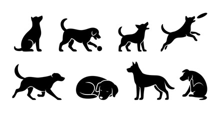 Vector set of dog silhouettes in playful, sitting, and running poses. Ideal for pet designs, dog lovers, veterinary themes, and animal-related content.