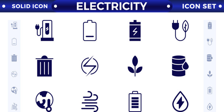 Electricity solid icon set with electromagnetic radiation, charger flow, lightning strike, static, induction, electric current, and electromagnetic radiation.