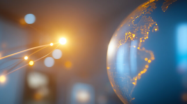Close-up of a globe with glowing connections, highlighting global communication and technology advancements.
