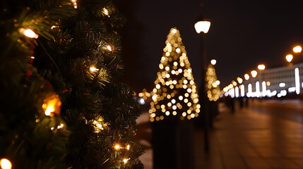A festive night scene unveils a row of illuminated Christmas trees along a city sidewalk, radiating warmth and holiday cheer into the darkness. Streetlights cast a soft glow.