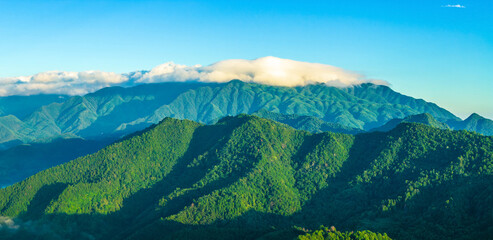 Panoramic view of the majestic green mountain range and forest natural landscape in the morning