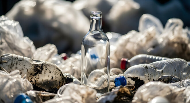 A lone glass bottle amidst mountains of discarded plastic litter, highlighting global pollution and the urgent call for environmental responsibility