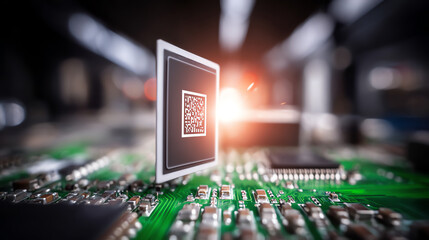 Close-up of a microchip on a circuit board with a glowing QR code, showcasing advanced technology and innovation.