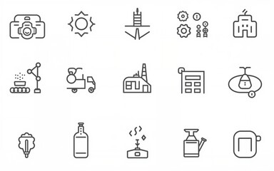 Set of 60 line icons. Collection of 60 types of types of Industries. Different kinds of Engineering, Manufacturing, Production activities. Editable stroke. Vector illustration. High quality