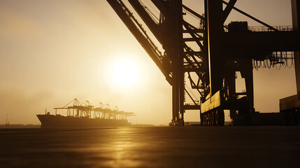 Golden Hour at the Port: Silhouettes of towering cranes stand guard as a cargo ship waits at the dock, bathed in the warm glow of sunset, highlighting the industry's scale.