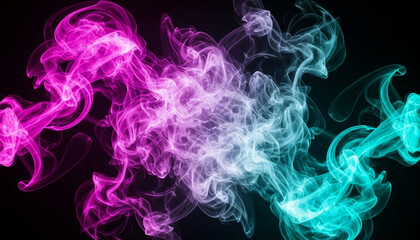 Neon magenta and cyan smoke swirling on deep black background
