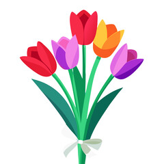Fototapeta premium A colorful bouquet of five tulips tied with a white ribbon isolated on transparent background