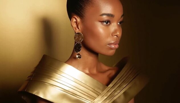 A young African woman with dark skin and a sleek bun wears a stylish golden outfit and large earrings. The background is a warm golden hue, enhancing her elegance.