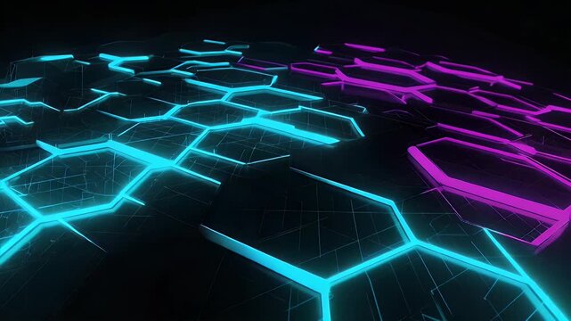 Abstract rendering of a hexagonal surface with cyan and magenta glowing segments, set against a dark backdrop