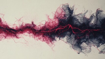 Abstract Crimson and Charcoal Ink Wash Painting: Dramatic, Textured, Evocative Art.