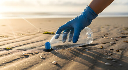 Volunteer hand in a blue glove cleaning up a plastic bottle from the sandy beach at sunrise