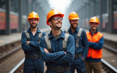 Railway engineer team are standing and looking forward confidently in a successful job, use for banner cover. High quality