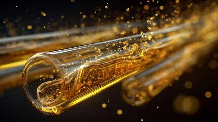Amber Liquid Flowing in Glass Tubes:  Luxury, Science, and Beauty Concept.