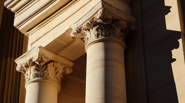 Detailed shot of two stone columns, showcasing intricate carvings and architectural features. The image focuses on the texture and design of the stone pillars, emphasizing the craft.