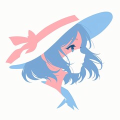 Minimalist pastel anime style girl portrait with white and blue hair  for avatar, branding, or Japanese pop design.