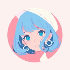 Minimalist pastel anime style girl portrait with white and blue hair  for avatar, branding, or Japanese pop design.