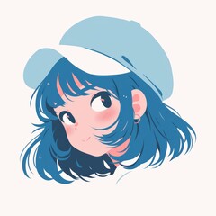Minimalist pastel anime style girl portrait with white and blue hair  for avatar, branding, or Japanese pop design.