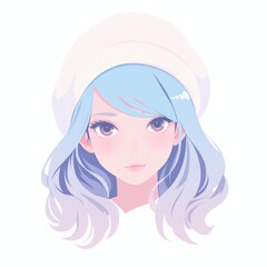 Minimalist pastel anime style girl portrait with white and blue hair  for avatar, branding, or Japanese pop design.