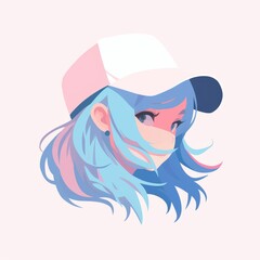 Minimalist pastel anime style girl portrait with white and blue hair  for avatar, branding, or Japanese pop design.