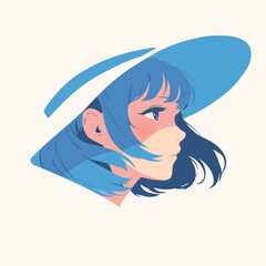 Minimalist pastel anime style girl portrait with white and blue hair  for avatar, branding, or Japanese pop design.