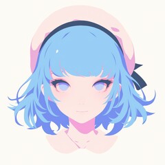 Minimalist pastel anime style girl portrait with white and blue hair  for avatar, branding, or Japanese pop design.