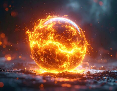 Glowing orb of pure energy with fiery tendrils in a dark setting