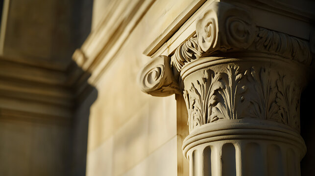 Ornate architectural pillar standing strong, showcasing intricate designs and a timeless, classical style. Captivating textures and shadows highlight the building's structure.