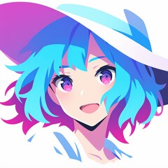 Minimalist pastel anime style girl portrait with white and blue hair  for avatar, branding, or Japanese pop design.