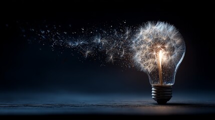 Dandelion Wish Lightbulb:  Conceptual Photography, Dark Moody Background,  Innovation and Inspiration.