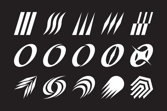 Streak geometric icon set. Speed dynamic form element design collection. Set of energy, aerodynamic, crescent, line, curved decorative bundle. Vector technology inspired symbol logo illustration pack