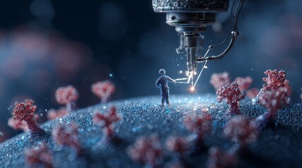 Nanotechnology combats virus: futuristic 3D render of microscopic battle against infectious disease.