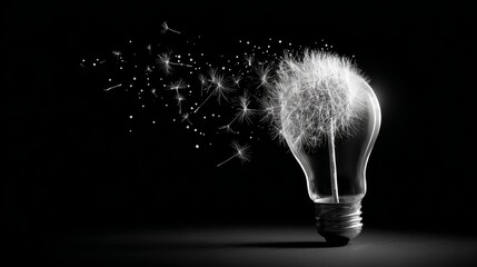 Monochrome dandelion seed head inside lightbulb;  abstract concept of ideas, innovation, and growth.