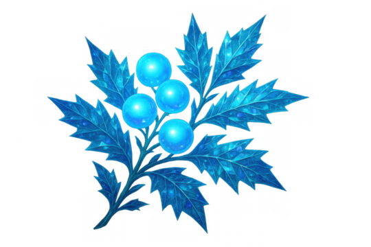 Frozen winter plant with blue crystal berries, ice leaves, and magical frosty forest nature illustration